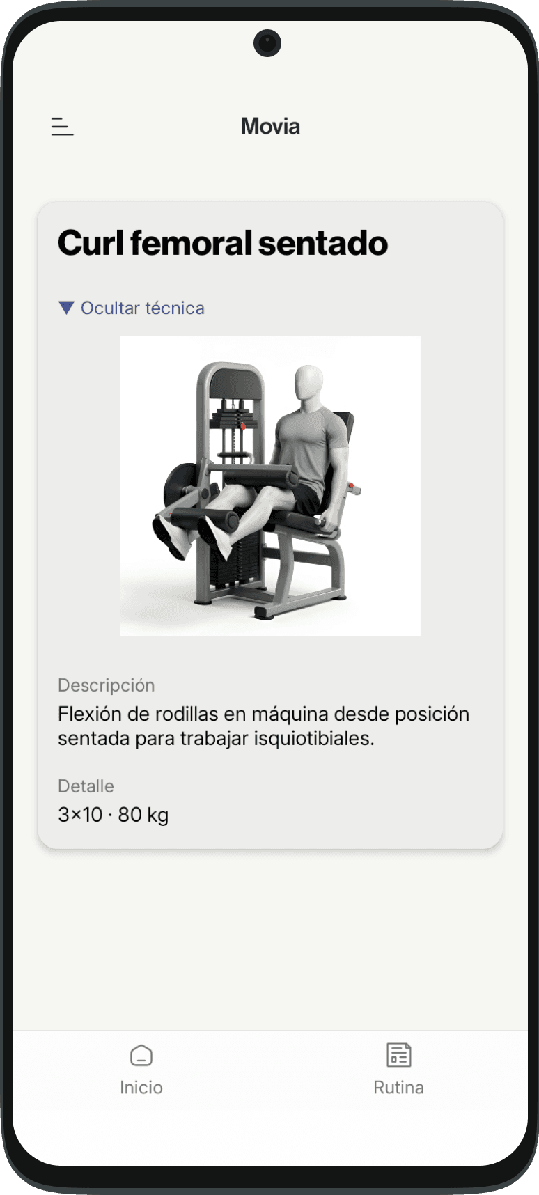 Detalle y técnica del ejercicio Curl femoral sentado para la Alumna.