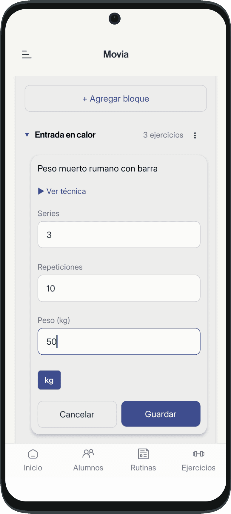 Edición de series, repeticiones y peso de un ejercicio por el Entrenador.