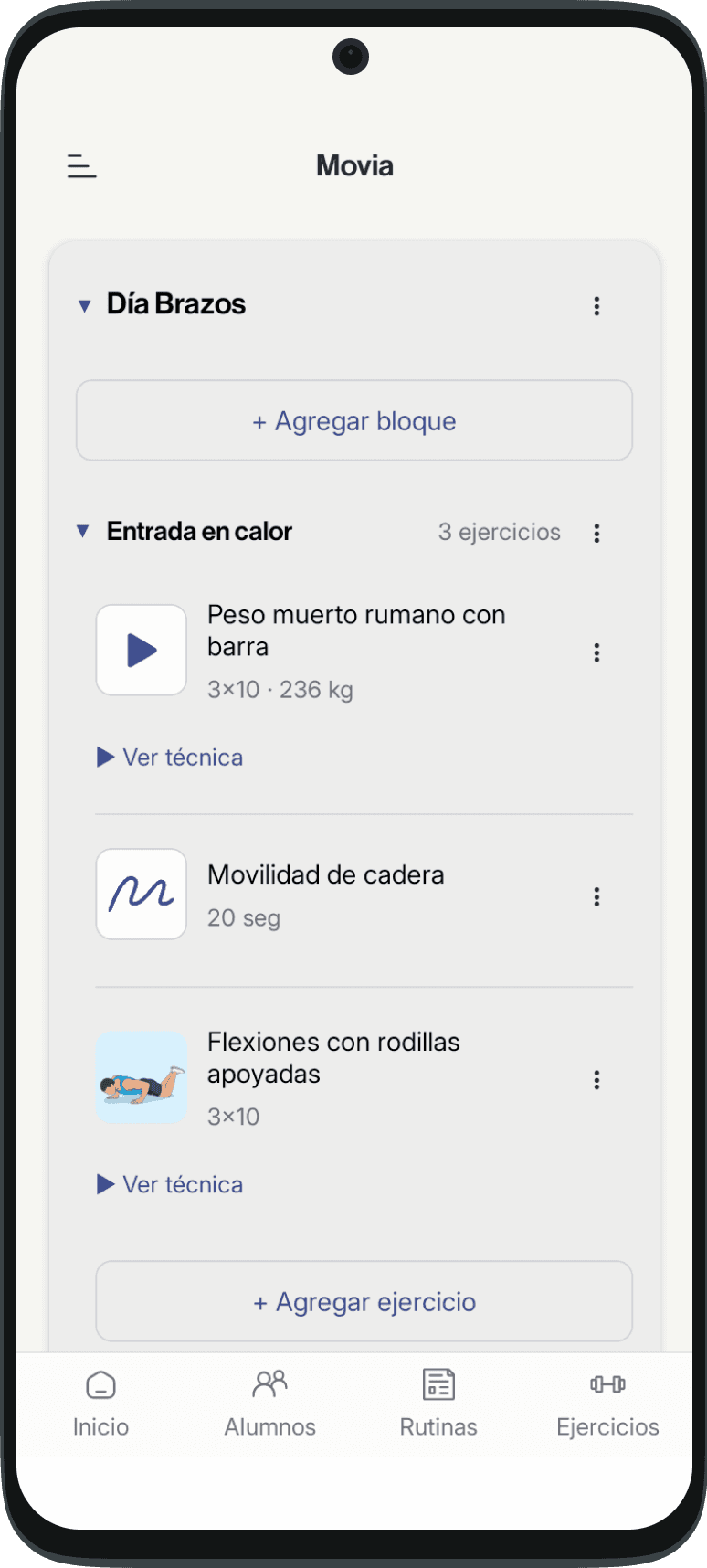 Pantalla del Entrenador organizando el Día Brazos por bloques y ejercicios.
